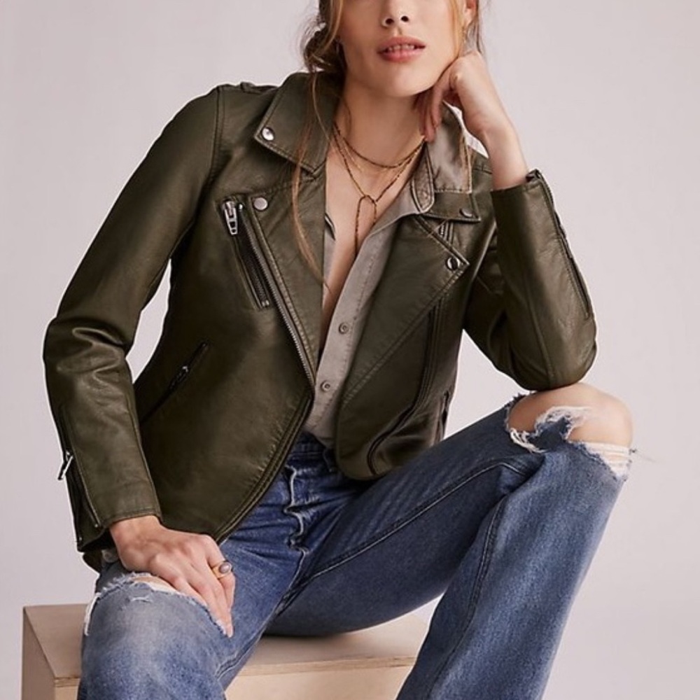 Blank NYC Faux Leather Moto Jacket - Olive Green, Size Medium (never worn)